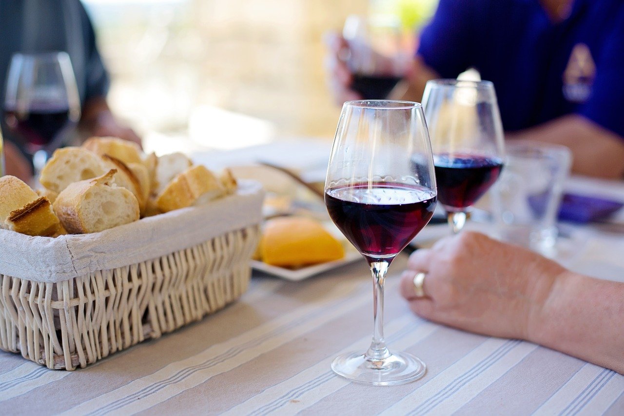 bread and wine on a table